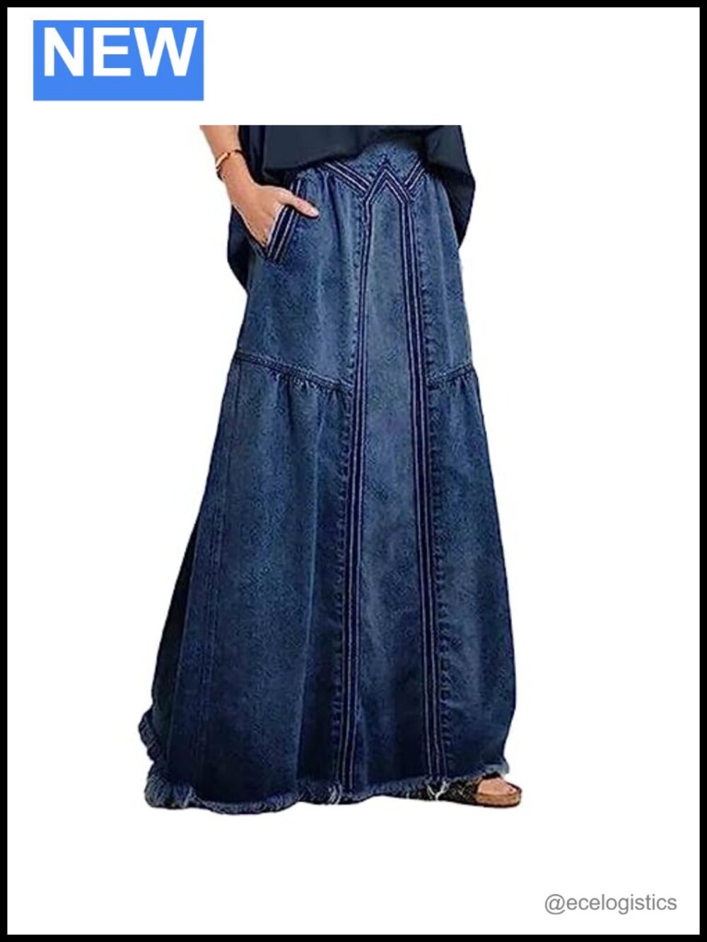 Women's Cotton Denim Maxi Skirt A-Line Frayed Hem Distressed